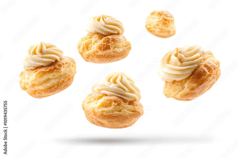 Delightful cream puffs hovering gracefully in a serene white studio setting creating a visually captivating and ethereal display of culinary elegance Delightful cream puffs hovering gracefully in a serene white studio setting creating a visually captivating and ethereal display of culinary elegance