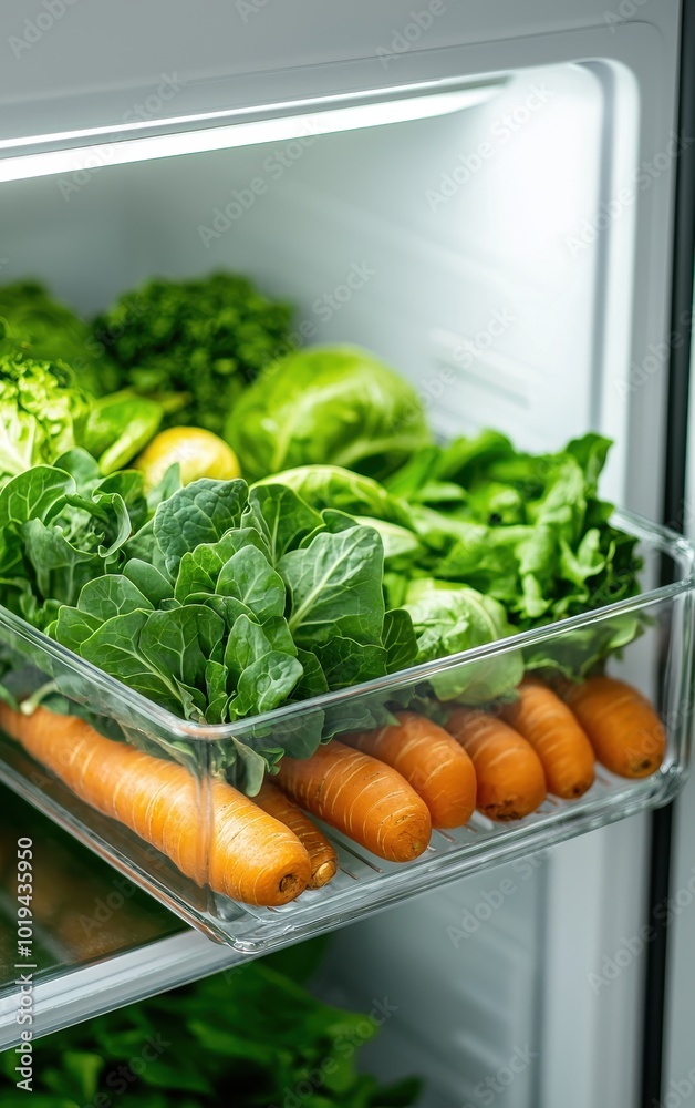 Fresh vegetables in a refrigerator, including carrots and leafy greens. Fresh vegetables in a refrigerator, including carrots and leafy greens.
