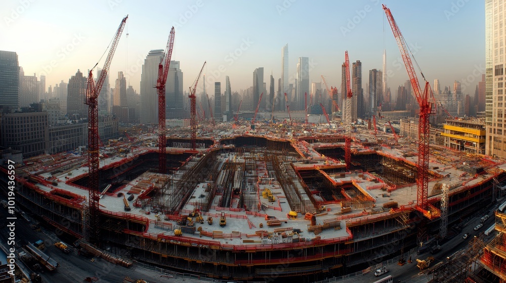 Obraz premium Construction Area with Cranes in Urban Setting