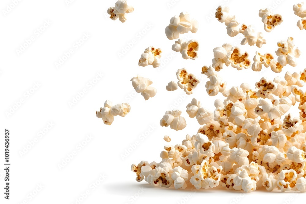 Floating Popcorn Kernels Dispersed Over Pristine White Background in Studio Shot Floating Popcorn Kernels Dispersed Over Pristine White Background in Studio Shot