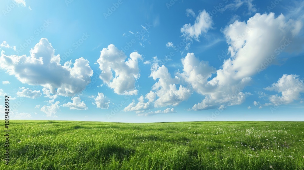 Obraz premium Green meadow under blue sky with clouds