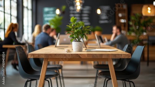 Modern coworking space with focus on greenery and collaboration