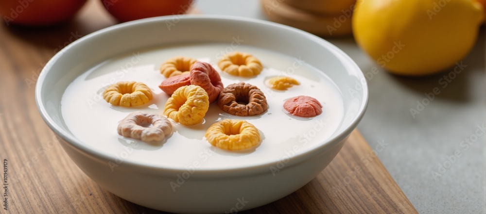 Breakfast scene featuring cereal and milk splashes on food-focused backdrop Breakfast scene featuring cereal and milk splashes on food-focused backdrop