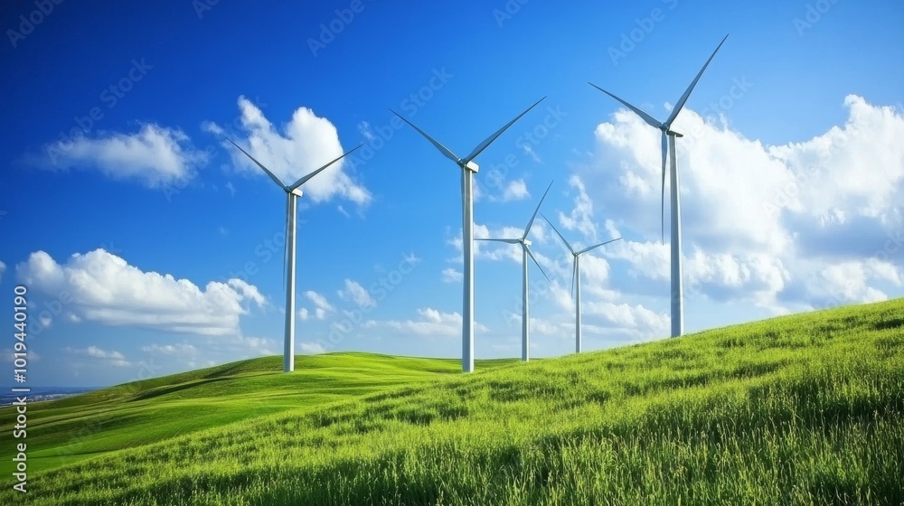 A green energy wind farm set against a blue sky, A green energy wind farm set against a blue sky,