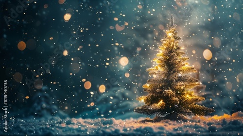 Illuminated christmas tree in the snow at night with copy space