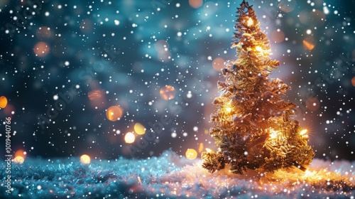 Illuminated christmas tree in the snow at night with copy space