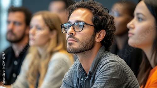 In a classroom, a man with glasses sits among peers, all engaged in a presentation happening at the front.