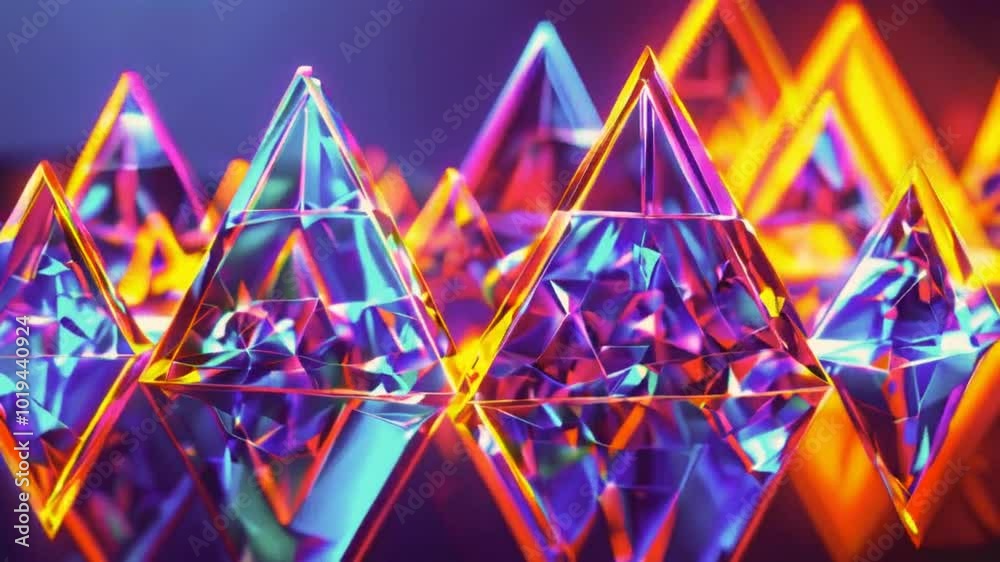Colorful, reflective pyramids create an abstract, vibrant visual composition. Colorful, reflective pyramids create an abstract, vibrant visual composition.