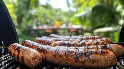 Grilled Sausages on Barbecue with Lush Greenery in Background Perfect for Outdoor Summer Cookout and Picnic Themes photo