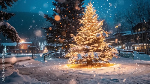 Illuminated christmas tree on the snow at night