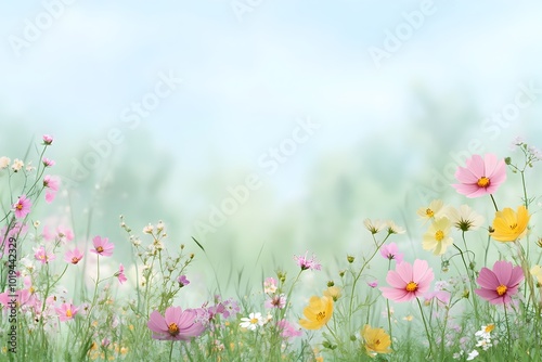 Soft Pastel Hued Sketch of a Wildflower Dotted Meadow Conveys Timeless Tranquility