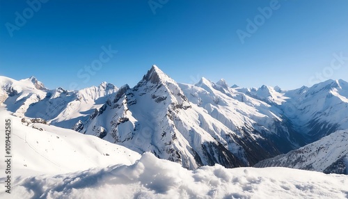 A breathtaking winter panorama of the snow-capped Swiss Alps, their majestic peaks piercing a clear blue sky