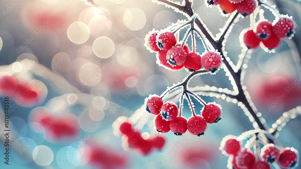 Festive New Year background with Frosted Red Berries on Branches with Soft Bokeh Background for Christmas Celebrations. Festive New Year background with Frosted Red Berries on Branches with Soft Bokeh Background for Christmas Celebrations.