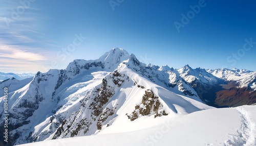 A breathtaking winter panorama of the snow-capped Swiss Alps, their majestic peaks piercing a clear blue sky