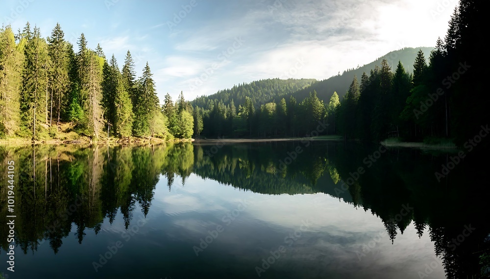 Fototapeta premium A crystal-clear lake reflects lush green trees in a tranquil summer forest landscape