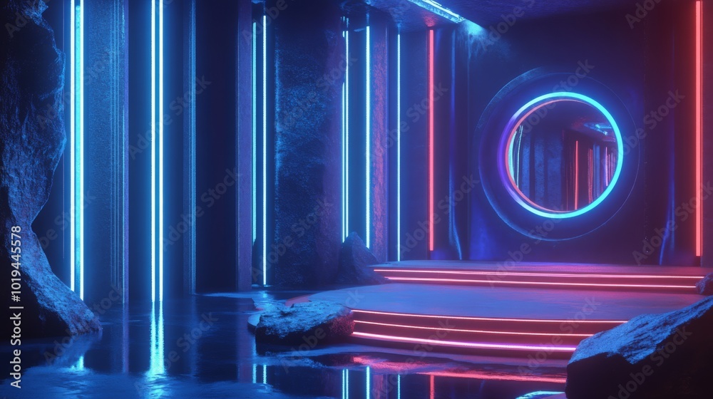 Fototapeta premium Blue aesthetic with neon lights, retro-futuristic style,