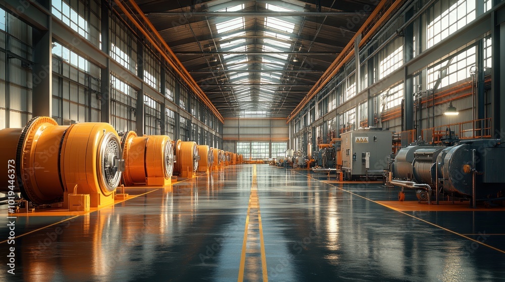 Fototapeta premium Industrial facility with large machinery and bright lighting.