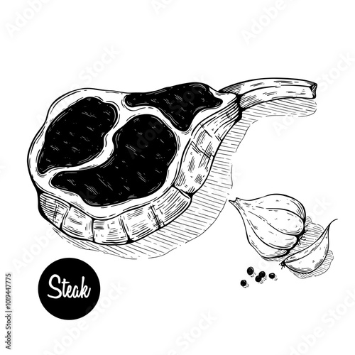 hand drawing beef steak or pork illustration. tasty grill meat with seasoning