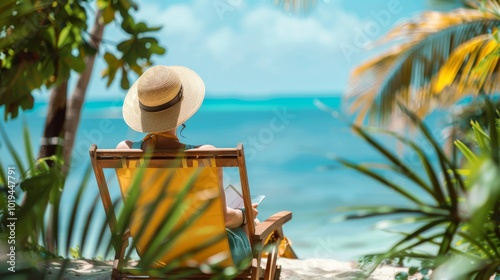 Person relaxing on a beach chair with a laptop, illustrating the idea of earning money online passively photo