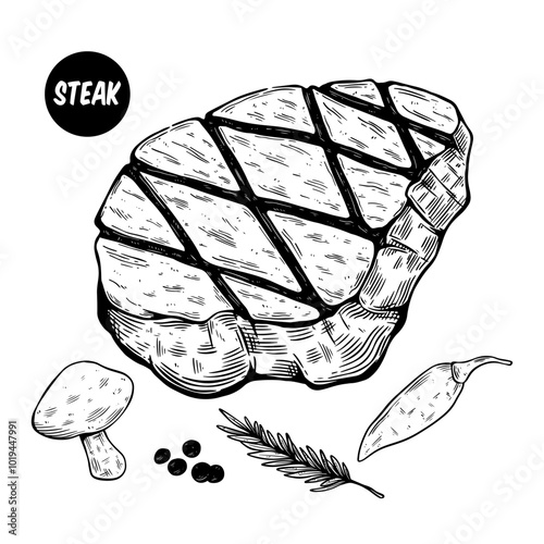 hand drawing beef steak or pork illustration. tasty grill meat with seasoning