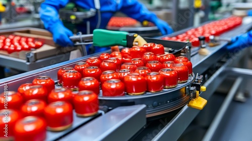 Red Cans on Conveyor Belt in Factory Production Line