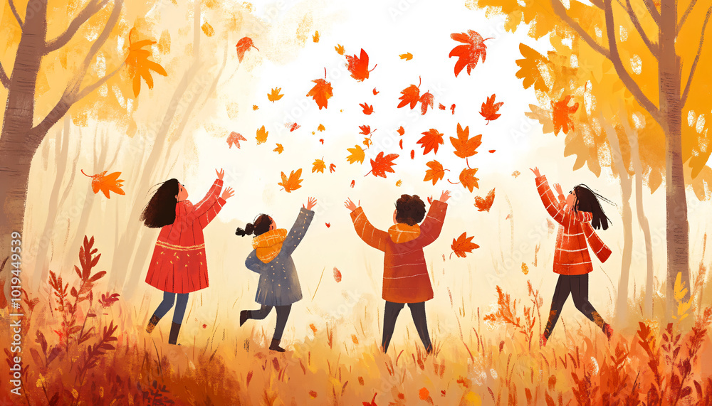 People enjoying small joys, like catching falling leaves in the autumn People enjoying small joys, like catching falling leaves in the autumn