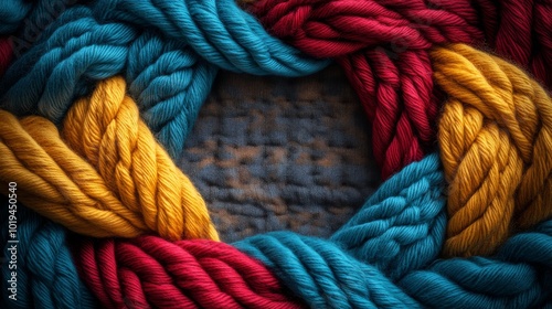 Intertwined Wool Yarn in Red, Yellow, and Blue photo