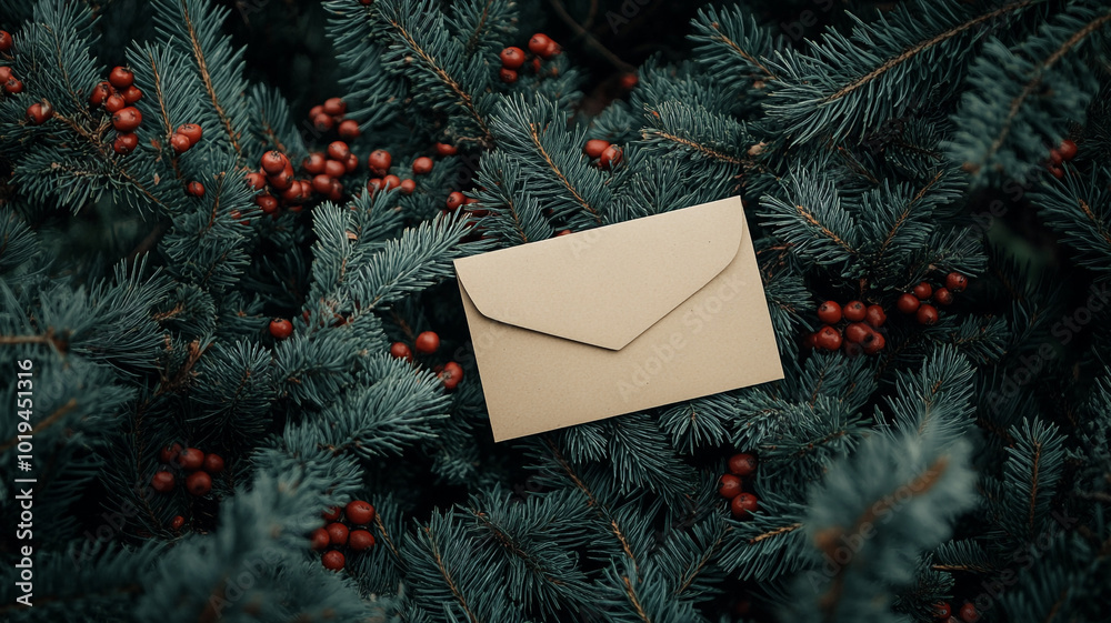 A brown envelope rests among evergreen branches and red berries on Christmas Day A brown envelope rests among evergreen branches and red berries on Christmas Day