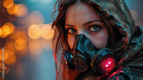 outdoor portrait of young woman with gas mask. Created with Generative AI.	