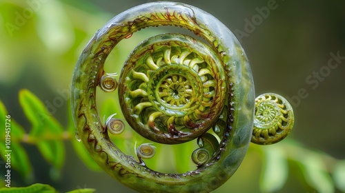 New tree fern frond, koru symbol. Focus is on the centre on the frond. photo