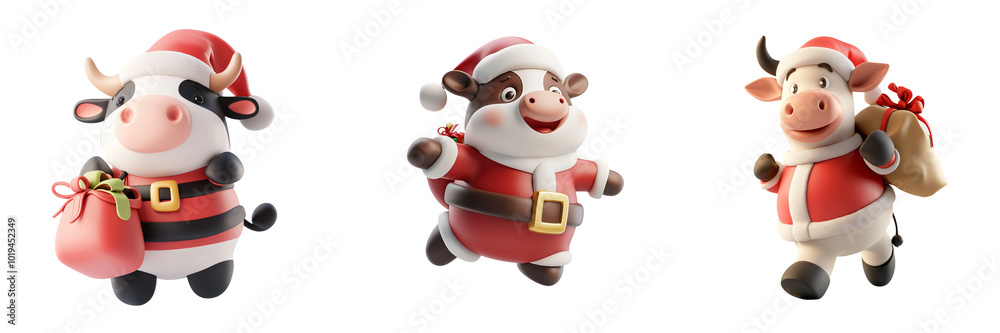 PNG 3d icons and objects collection Festive cartoon cows in Santa outfits, joyfully celebrating Christmas, on transparent, white background, isolate PNG 3d icons and objects collection Festive cartoon cows in Santa outfits, joyfully celebrating Christmas, on transparent, white background, isolate