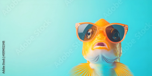 Yellow goldfish with sunglasses on yellow background. Copy space for text.
