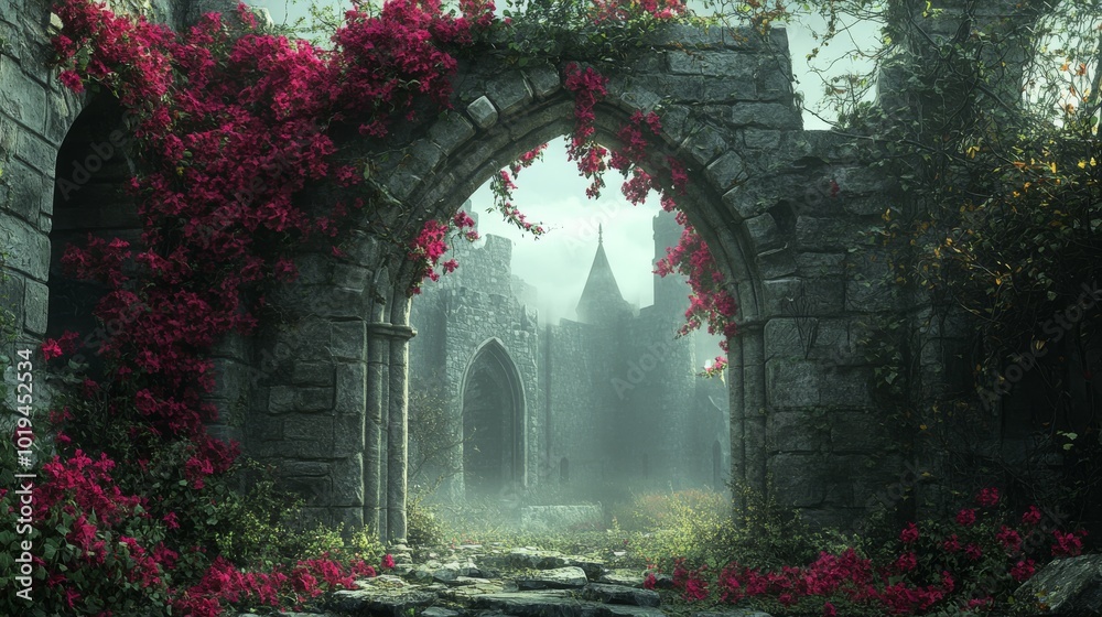 A Stone Archway Leads to a Foggy, Ruined Castle A Stone Archway Leads to a Foggy, Ruined Castle