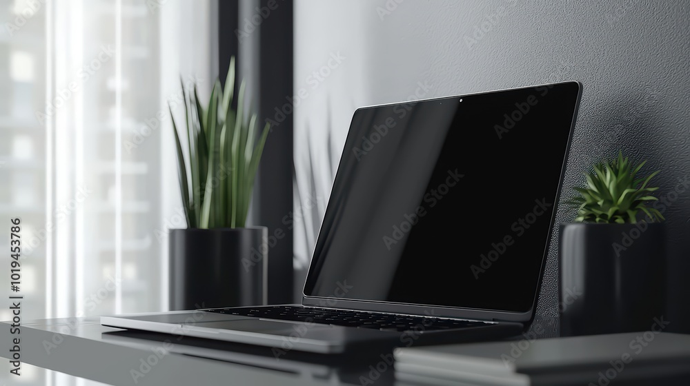 Laptop. Computer Notebook. A sleek laptop with the screen open, on a minimalist desk setup. Ideal for technology or business-related advertisements. Laptop. Computer Notebook. A sleek laptop with the screen open, on a minimalist desk setup. Ideal for technology or business-related advertisements.