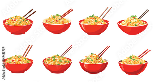 Colorful pad Thai vector set. Delicious pad Thai noodles vector. Stylized pad Thai food vector design