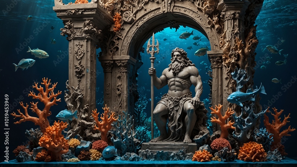 Sculpt Poseidon ruling over marine creatures in his underwater palace, set against vibrant corals and various fish, symbolizing the vitality and dominion of the ocean. Sculpt Poseidon ruling over marine creatures in his underwater palace, set against vibrant corals and various fish, symbolizing the vitality and dominion of the ocean.