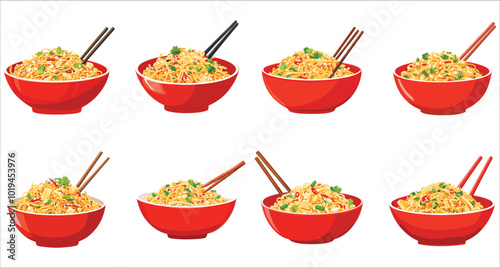 Colorful pad Thai vector set. Delicious pad Thai noodles vector. Stylized pad Thai food vector design