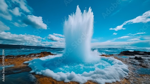 Dramatic Ocean Geyser Eruption with Blue Sky and Clouds