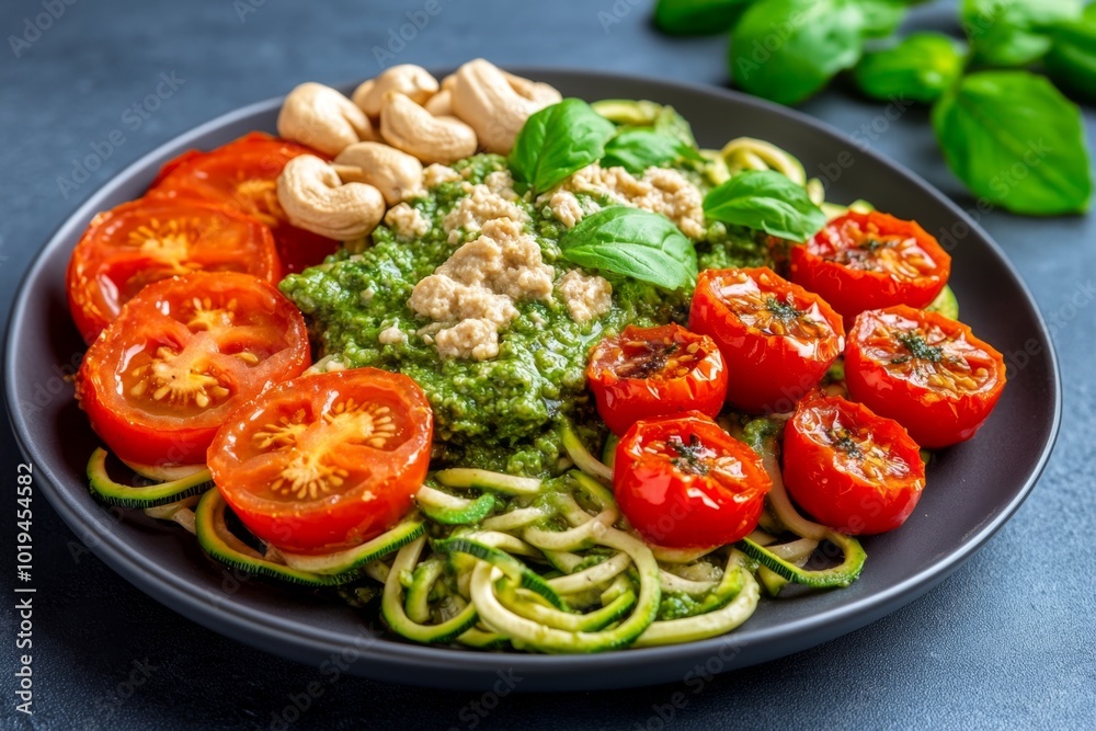 A plate of zoodles (zucchini noodles) with vegan pesto, roasted tomatoes, and cashew cheese, representing a typical vegan meal A plate of zoodles (zucchini noodles) with vegan pesto, roasted tomatoes, and cashew cheese, representing a typical vegan meal