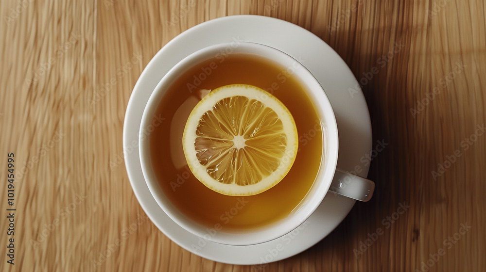 Cup of tea with lemon slice on wooden table Cup of tea with lemon slice on wooden table