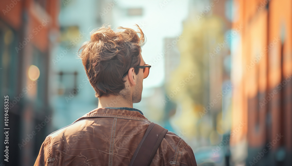 Fototapeta premium Back View of Man Walking in City Street Wearing Sunglasses and Brown Leather Jacket ? Lifestyle and Urban Environment