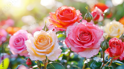 Beautiful dewy roses in bloom create vibrant and refreshing scene, showcasing variety of colors and delicate petals glistening in sunlight
