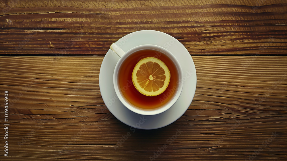 Cup of tea with lemon slice on wooden table Cup of tea with lemon slice on wooden table