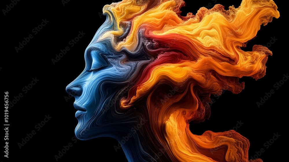 Abstract Woman Portrait with Flowing Lines in Blue Orange and Red Abstract Woman Portrait with Flowing Lines in Blue Orange and Red