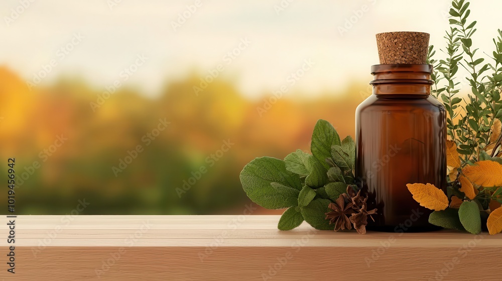 Natural healing workspace with dried herbs and organic materials, 3D illustration Natural healing workspace with dried herbs and organic materials, 3D illustration