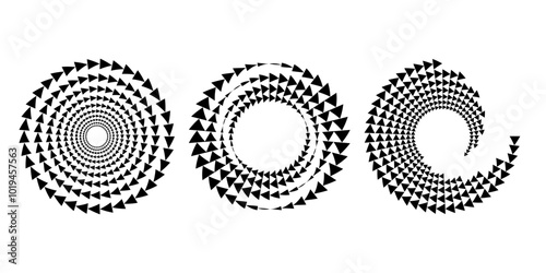 Set of black triangles in vortex form. Geometric art. Halftone dots. Trendy design element for logo, tattoo, sign, symbol, web, prints, posters, social media, template, pattern and abstract background