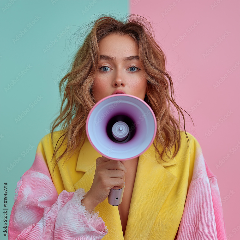 Fototapeta premium woman posing sincere emotions lifestyle concept copy space Screaming in megaphone