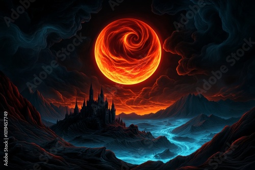 Fantasy artwork of a red moon rising above a dark, enchanted castle, with swirling magical energy around the moon, casting an eerie glow over the land