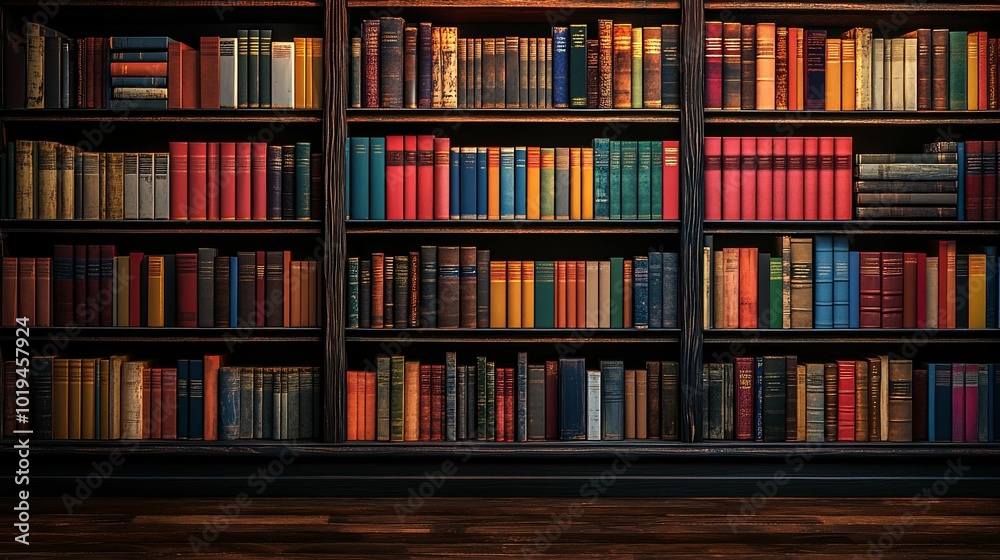 A wooden bookshelf filled with rows of aged and colorful books A wooden bookshelf filled with rows of aged and colorful books