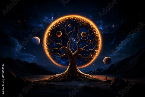 Fantasy depiction of a celestial tree connecting planets and stars, symbolizing the unity of the cosmos as seen through the lens of monism photo